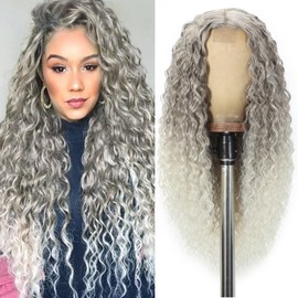 Curly Wig for Women Long Ombre Gray Blonde Curly Wigs 26inch Synthetic Middle Part Wig Natural Looking Hair Replacement Curly Wigs for Daily Party Use