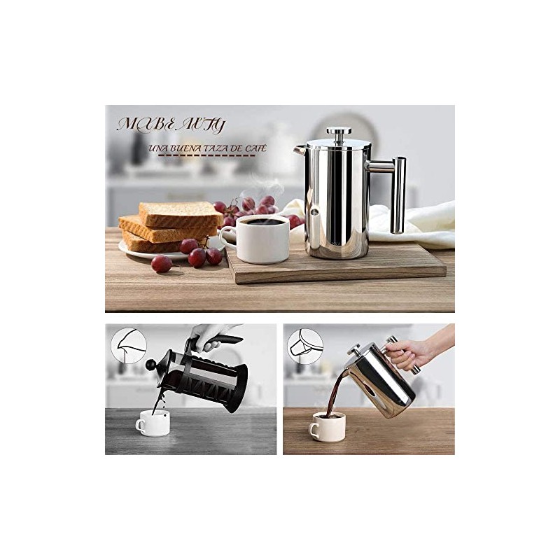 Prensa Francesa Acero Inoxidable 350ML,Filtro 3 Niveles,Doble Pared