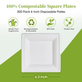 ECOLipak 6 Inch Compostable Square Paper Plates, 300 Count Heavy Duty White Small Paper Appetizer Plates, Disposable Biodegradable Dessert Plates for Daily meals, Dinner, Parties, BBQ | ECOLipak