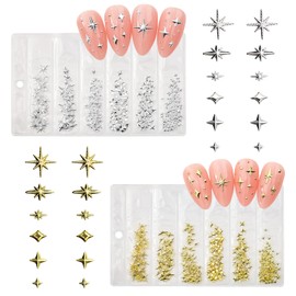 NICENEEDED Star Nail Charms, Mixed Gold Silver Stars Nail Studs, Punk Metal Nail Jewels 3D Nail Art Charm Decorations Accessories for Women Nail Design DIY Crafts