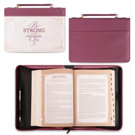 Christian Art Gifts Plum Pink Fashion Bible Cover for Women: Be Strong & Courageous - Joshua 1:9 Inspirational Scripture, Vegan Leather Book Carry Case w/Sleeves, Zipper, Pocket & Pen Storage, Large