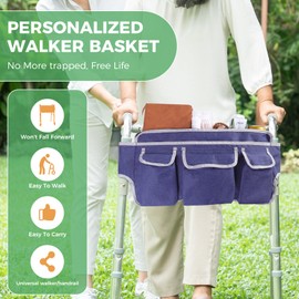 Walker Bag,Foldable Walker Storage Bag, Wheelchair Basket Pouch,Multi Pockets Walker Basket with Zips, Hand-free Carry Storage Bag for Universal Walkers,Large Capacity Organizer Water Resistant(Blue)