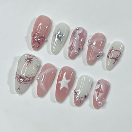 Medium Press on Nails Almond Shape Cute Star False Nails Pink Fake Nails with Pearl Bow Designs Nail Tips French Manicure Almond Glue on Nails Stick on Nails for Women Girls 24PCS