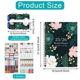 July 2025 - June 2026 Daily Planner Notebook,A5 Weekly Monthly Agenda Planner Academic Plan Schedule Scrapbook Flower Cover Business Appointment Book with Sticker and Tab for Student Office Worker