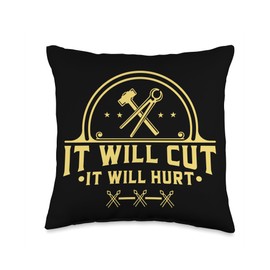 Schmied Blacksmith Geschenk Schmiede Eisen Hammer Cut It Will Hurt Iron Blacksmith Tool Hammer Pliers Throw Pillow, 16x16, Multicolor