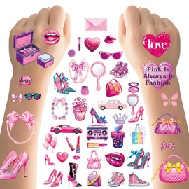OPUHOHR 18 Sheets Pink Temporary Tattoos for Girls, 110+ Styles Hand Face Tattoo Stickers Party Favor Party Supplies Gift For Kid Boy Girl Adult Pretty Christmas Gift