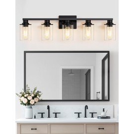 DORESshop Bathroom Light Fixtures, 5-Light Black Bathroom Lighting Fixtures Over Mirror with Clear Glass Shade, Vanity Lights for Bathroom Hallway Bedroom Living Room