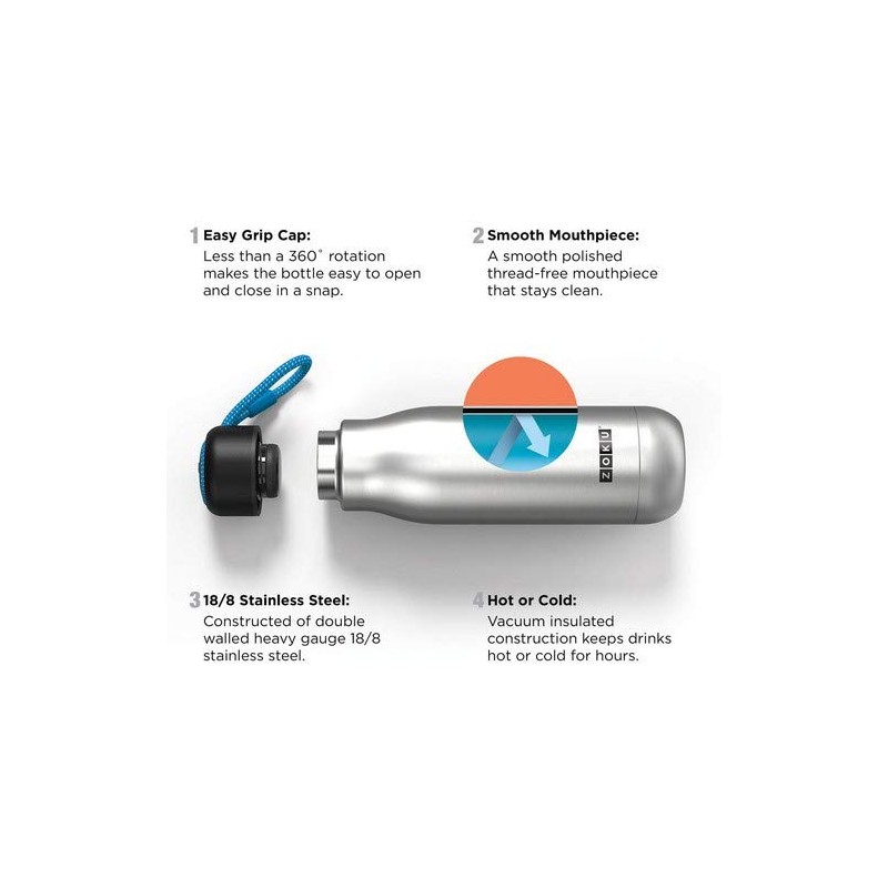Zoku 350 ml Drinking Bottle, Stainless Steel, White, 6.7 x