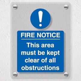 V Safety Fire Notice This Area Must Be Clear - 100 x 150 mm - Acrylic Perspex Cast Clear Safety Sign