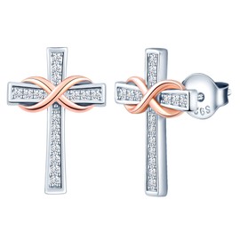 INFINIONLY Kreuz Ohrringe für Damen und Mädchen, 925 Sterling silber ohrringe, Das silberne Kreuz Ohrstecker passt zum mini rose gold unendlichkeitssymbol, Eingelegt Zirkon, Farbgalvanischer Prozess