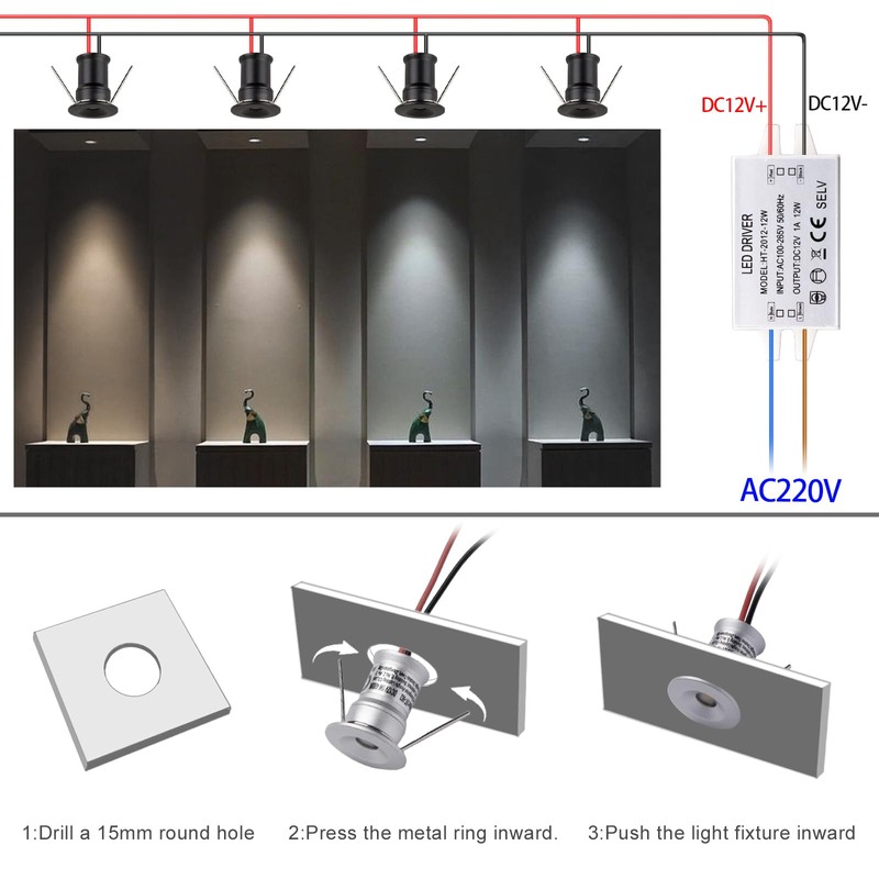 HHTUN 902 120°LED mini Spotlight,DC12V 1W,80Ra,75lm,Small Size,Embedded Installation,Suitable for Cabinet