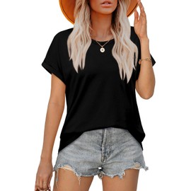 WEESO Womens Tops Crew Neck Rolled Short Sleeve Black T Shirts Basic Tees Casual Summer Outfits Spring Clothes Solid Color 2025 XL