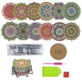 Ideen mit Herz 12 Diamond Painting Coasters with Metal Stand | 12 Cork Coasters | Includes Diamonds & Tools | 29 Pieces (Flowers Mandala)