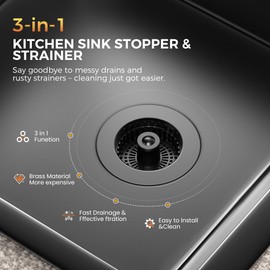 3-in-1 Kitchen Sink Strainer & Stopper, Matte Black Pop Up Drain Filter – Anti-Clogging Food Catcher with Brass Core – Fits Standard 3.5 Inch Drain, Deep Basket for Easy Cleaning