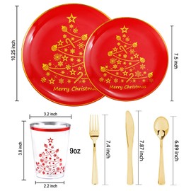 LIYH 150 PCS Plastic Christmas Dinnerware Set, Red and Gold Plastic Christmas Plates, Christmas Dinnerware with Christmas Tree Design, Plastic Christmas Silverware, Christmas Cups 25 Guests
