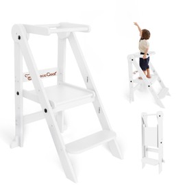 Foldable Toddler Tower, 3 Adjustable Height Toddler Standing Tower, Wooden Kids Kitchen Stool Helper with Safety Rails, Space Saving Kids Step Stool - Ages 18 Months to 6 Years