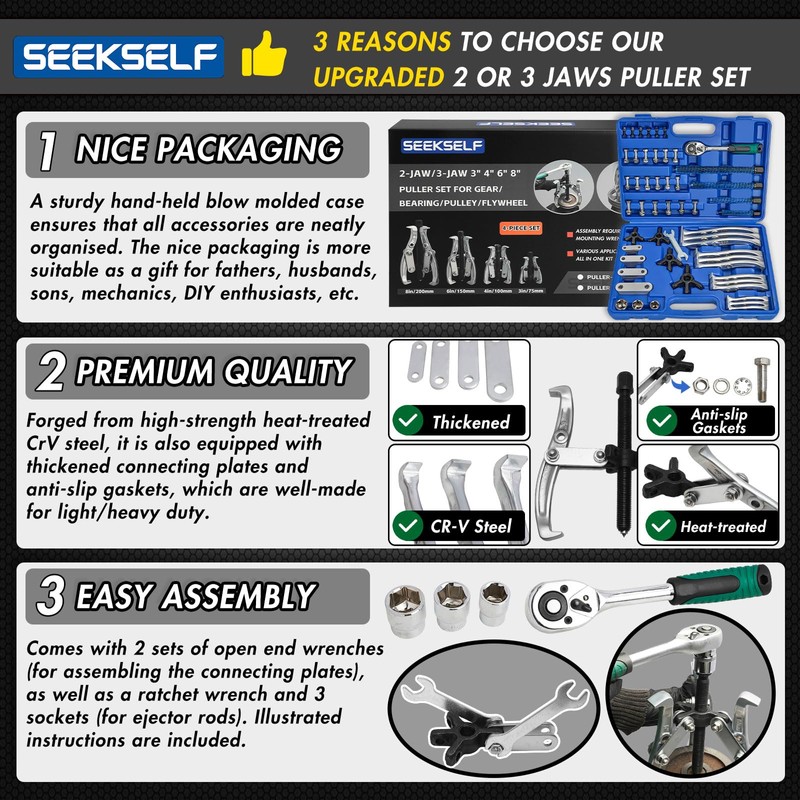 SEEKSELF 3" 4" 6" 8" Gear Puller Set, 2-Jaw/3-Jaw Bearing