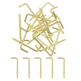 sourcing map 80 Pcs L Shape Hooks, 1-1/2 Inch Right Angle Hooks Carbon Steel Small Screw in Hooks 7 Shape Right Angle Hook for Hanging, Gold