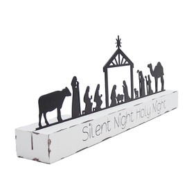 Black Nativity Scene with a White Distressed Base, Wall Mounted or Freestanding Seasonal Decor, Religious Home & Office Christmas Decoration, 11.75 Inches