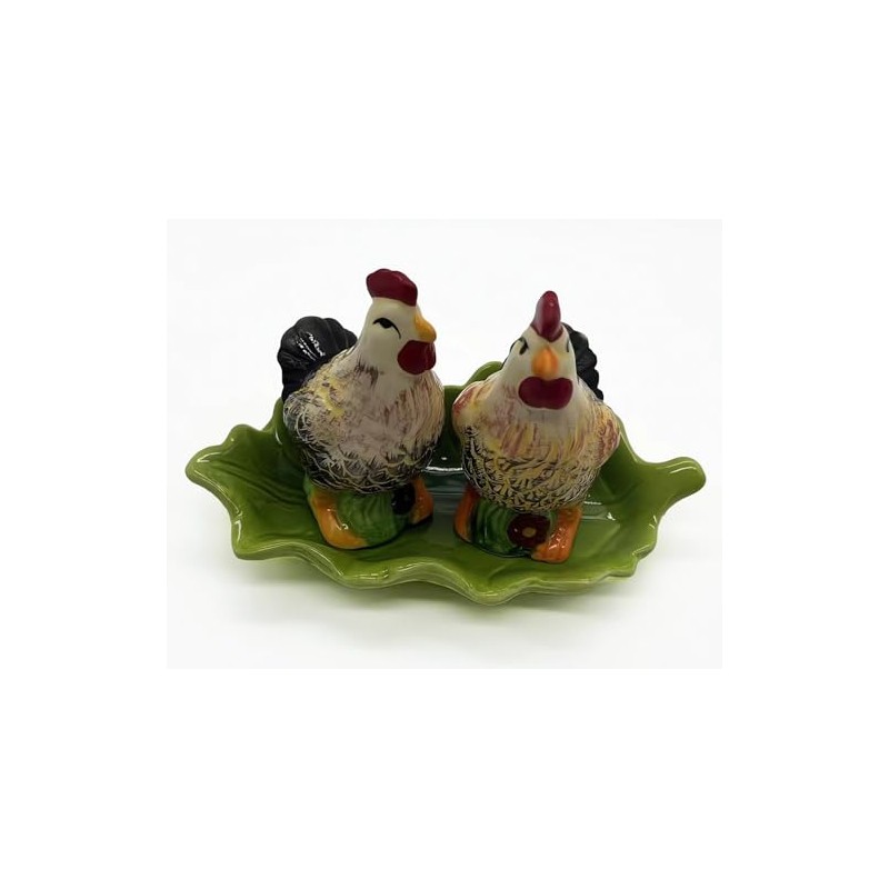 Rooster with Leaf Tray Salt and Pepper Shaker Set