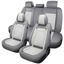 Car Seat Covers Full Set, 5 Seats Covers for Cars, Car Seat Covers Front Seats Back Seat Covers, Car Seat Protector Luxury Leathaire Waterproof Seat Cushions Universal Fit Most Cars Gray White
