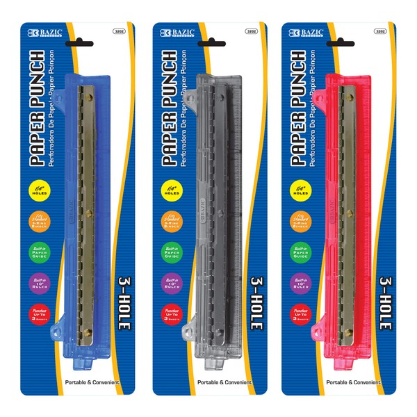 BAZIC Paper Punch 3 Hole 1/4" w/ 10" Ruler Paper