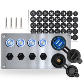 Ambuker 4 Gang 12V Momentary Push Button Switch Panel Antioxidant Aluminum with Blue Light Self-Locking Switches 4.8A USB Car Charger Power Socket and Circuit Breaker Waterproof for Car RV Boat Truck