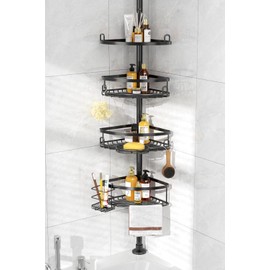 Miaicci Corner Shower Caddy Tension Pole, 4 Tier Adjustable No Drill Rustproof Large Capacity Space-Saving Shower Shelves Organizer Storage Rack 45.29-119in for Bathroom Bathtub Family Renters, Black