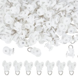 NICENEEDED 100 PCS Curtain Track Glider Rollers, White Plastic Rails Pulleys with Stainless Steel Hooks, Dual Wheeled Roller Carriers for Ceiling Drapes Room Dividers
