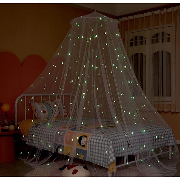 SANON Bed Canopy, Dome Princess Canopy Netting with Glowing Stars Round for Girls Women