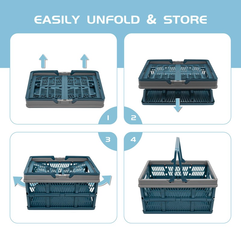 VALESKA 17" Plastic Milk Crate (Deepblue),33L Collapsible Crates for Storage,