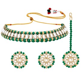 Aheli Traditional Gold Plated Kundan Choker Necklace Round Stud Earring & Maang Tikka Ethnic Jewelry Set Gift for Women Green