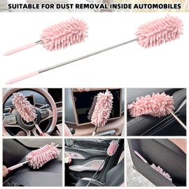 2Pcs Car Interior Duster with Extension Pole Soft Dash Vent Dusting Car Detailing Wash Brushes with Long Handle Duster Cleaner Tool New Car Must Haves for Car Cleaning Supplies (Pink)