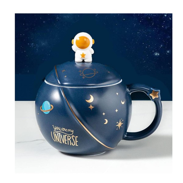 Hwagui Kawaii Astronaut Mug with Lid and Spoon, Handmade Cute Ceramic Cup for Coffee, Tea, Milk, Water, Space Mug Novelty Gift Dark Blue 450ml/15oz