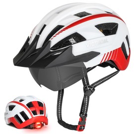 Victgoal Bike Helmet, MTB Mountain Bike Helmet with Magnetic Visor, Removable Sun Visor Cap and LED Rear Light, Cycling Helmet Racing Bike Helmet for Adults Men’s / Women’s (XL: 59 - 63 cm – White)