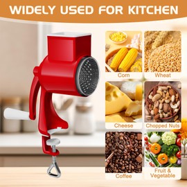 AROMUJOY Manual Nut Mill with 2 Removable Drum Blades, Manual Nut Chopper with Hand Crank, Aluminium Alloy Stainless Steel Grain Mill for All Nuts, Walnuts, Peanuts, Cheese, Red