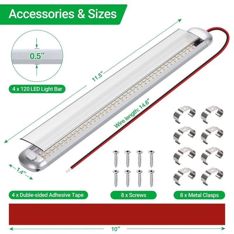 Aaleds 12v LED Interior Light Bar, 120LEDs 1500LM 8W, DC