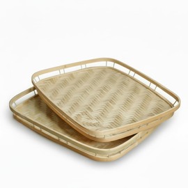 PEMAR Wicker Serving Trays w Handles,Rectangular Hand-Woven Lap Trays,Bamboo Bedroom Trays,Cabin Trays for Foods & Drinks. Decorative Trays for Coffee Tables,Breakfast,Dinners,Bed Eating. 2 Pack Set