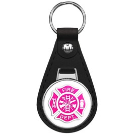 PRS Vinyl Pink Fire Dept Maltese Cross Shaped (Firefighter Female) Black Leather Keychain Silver Keyring