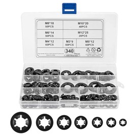 Pack of 340 circlips, locking washers, inner tooth quick release retaining ring, snap assortment, M3, M4, M5, M6, M8, M10, M12