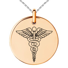 Tioneer Rose Gold Plated Stainless Steel Caduceus Staff of Hermes Symbol Small Medallion Circle Charm Pendant Necklace