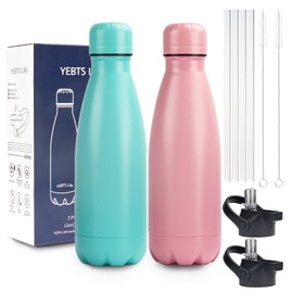 Insulated Water Bottle,2 Pack-12oz Stainless Steel Water Bottles with straw lid,Metal Sports Thermos Water Bottles for Boys,Girls,Double Wall Vacuum BPA-Free Flask for School,Sports(Pink-Green)