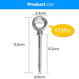 ZLLZPZD Pack of 15 Eye Bolts | Eye Bolt M6 | Eye Bolt M6 x 60 mm | Eye Bolt M6 | Eye Bolts | Screw Hook | Eye Screw 304 Stainless Steel Sharp Tip