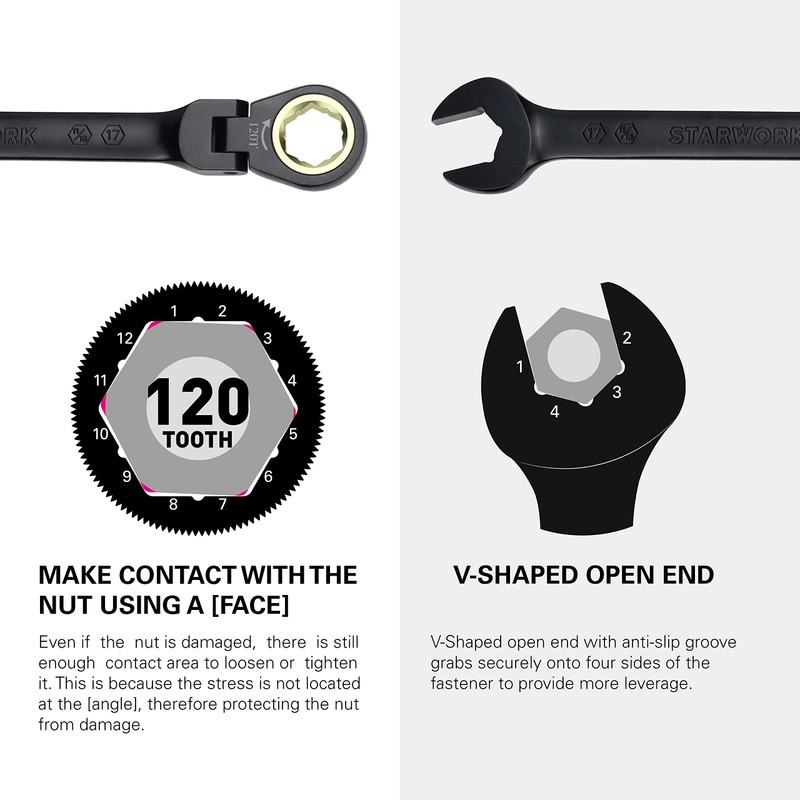 STARWORK TRUE MECHANIC™ 7Pc. 120T SAE&Metric Flexible Ratcheting Wrench Set,