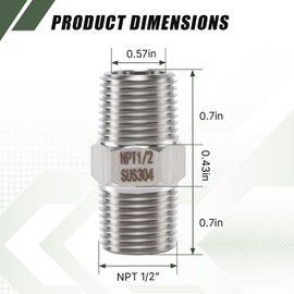 Hex Nipple 1/2" NPT Male x 1/2" NPT Male Threaded Pipe Fitting, 304 Stainless Steel, Heavy Duty Equal Hex Coupling for Home Plumbing, Brew, Gas, Water (Pack of 2)