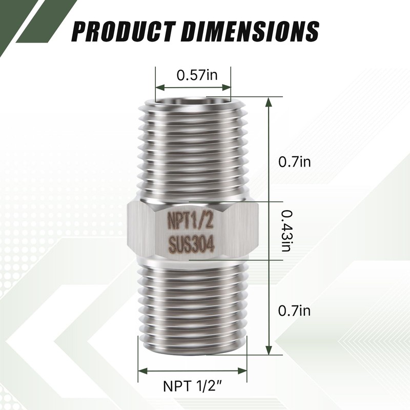 Hex Nipple 1/2" NPT Male x 1/2" NPT Male Threaded