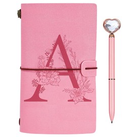 Initials PU Leather Notebook with Pen, Pink Refillable Diary for Women Girls, Travel Diary Sketchbook Notebook Gift for Girlfriend Sisters Teachers Graduation Birthday Christmas A
