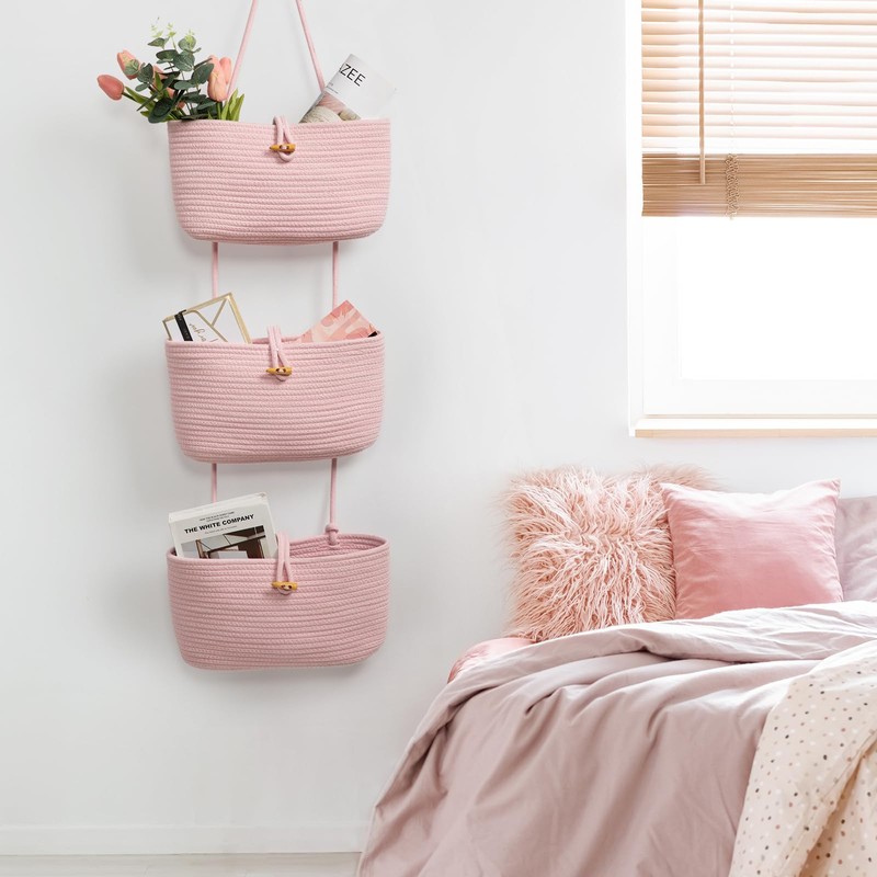 TeoKJ Over the Door Hanging Baskets with Button Strap, 3-Tier