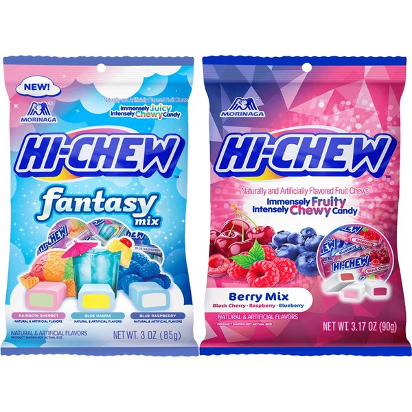 Hi Chew Candy 2 Different Flavors, Fantasy Mix and Berry Mix Fruity Chewy Japanese Candy Variety Pack of 2