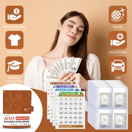 DONBAO 100 Envelopes Money Saving Challenge Binder, A5 Budget Binder with Envelopes and Challenge Tracker, Savings Challenges Planner Book to Save $500, $1000, $5050, $10000 (Brown)